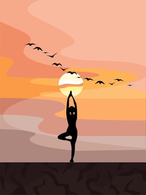 Vector silhouette of a meditating girl on a sunset background.