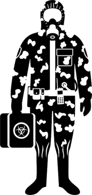 Силуэт военного в камуфляжном радиационном защитном костюме, шлеме и противогазе