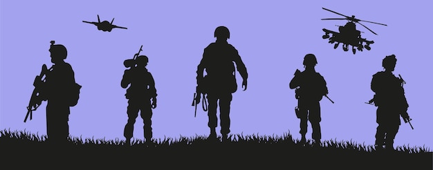 Vector silhouette of the military with weapons during training
