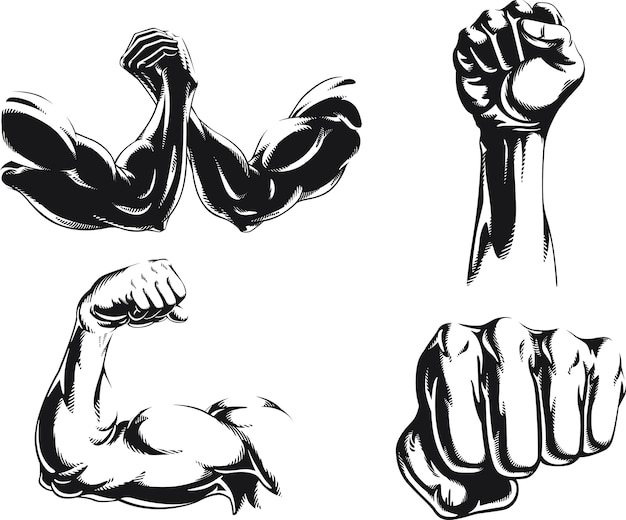 Silhouette mma fighter bodybuilder arm logo isolated, illustration on black and white style