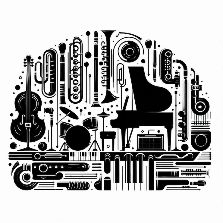 Vector silhouette modern music design for musical instilment logo black white background