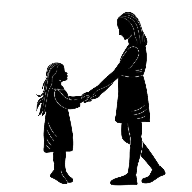 Silhouette mom and daughter holding hands isolated vector