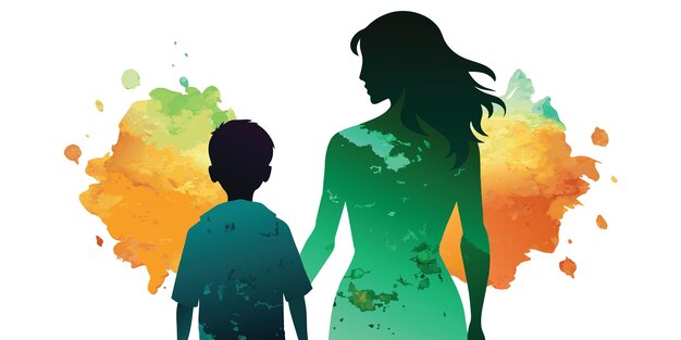 a silhouette of a mom and a son with a beautiful watercolored colorful background