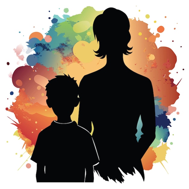 Vector a silhouette of a mother and a son with a colorful watercolor background