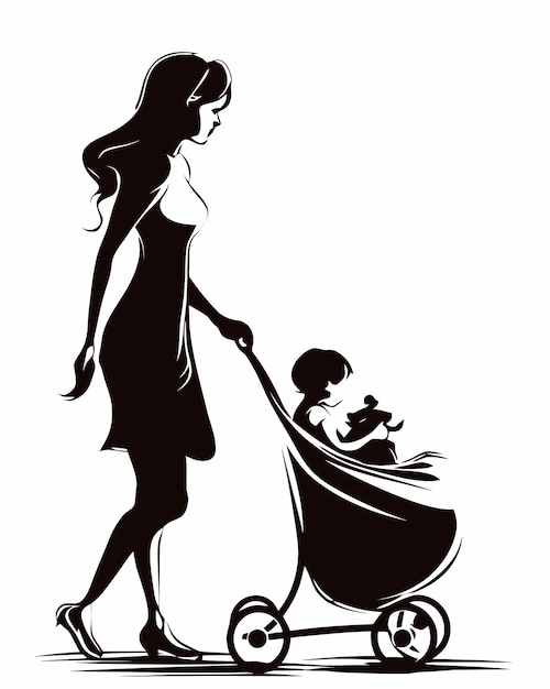 Silhouette of a mother with a baby in a stroller.