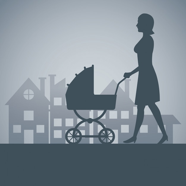 Vector silhouette mother with carriage baby walking neighborhood background