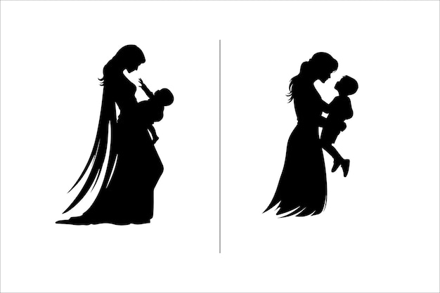 母と娘のシルエット 母と息子のベクトルイラスト