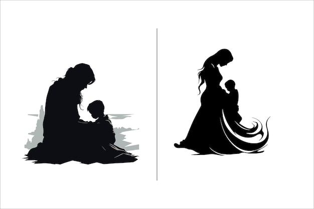 Silhouette mother with a Daughter mother with a son Vector illustration for Mothers Day