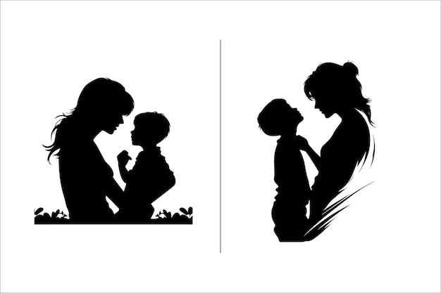 Vettore silhouette madre con una figlia madre con un figlio illustrazione vettoriale per la giornata delle madri