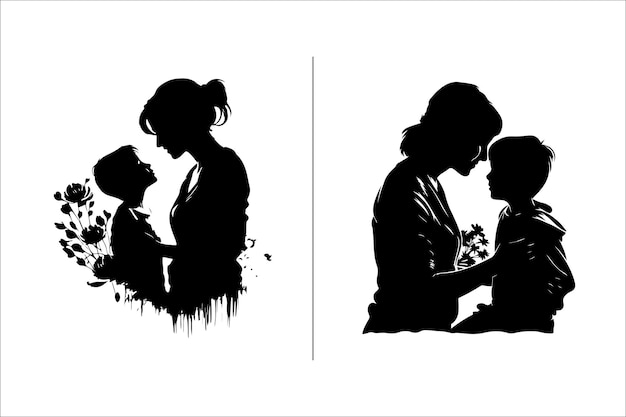 Vector silhouette mother with a daughter mother with a son vector illustration for mothers day