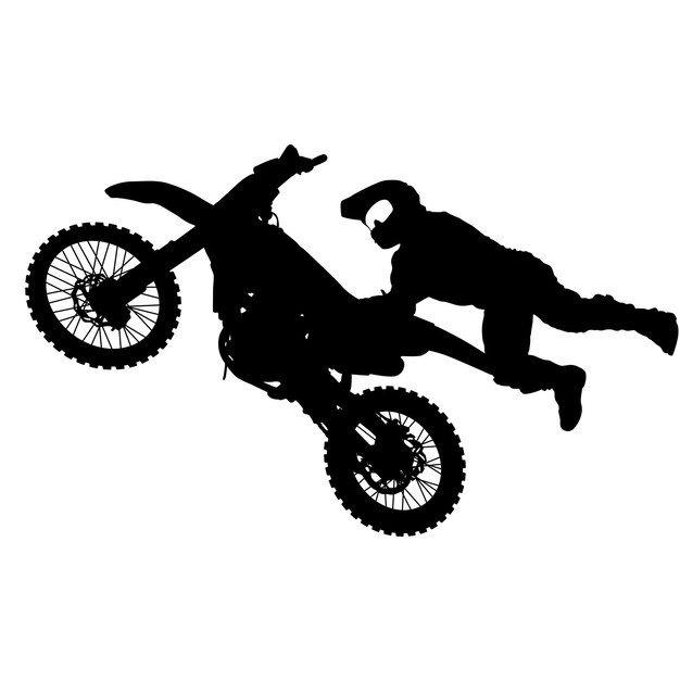 Silhouette of motorcycle rider performing trick on white background