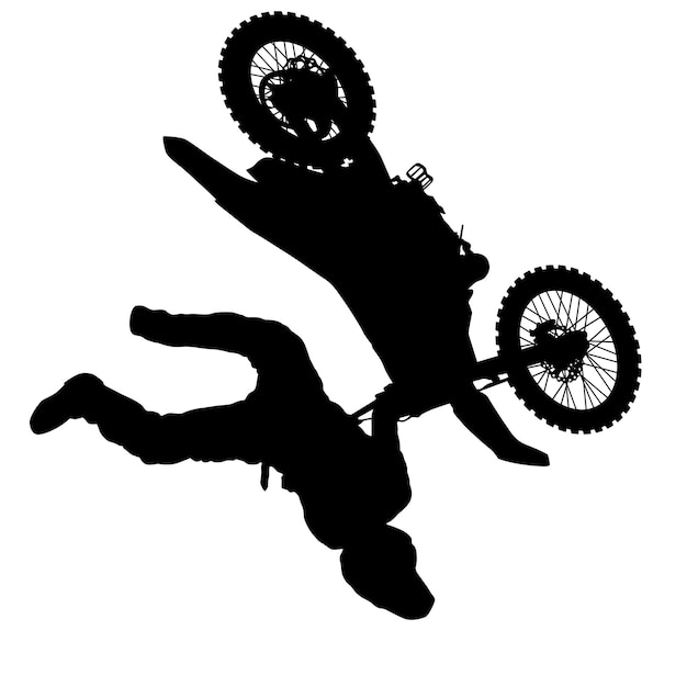 Silhouette of motorcycle rider performing trick on white background