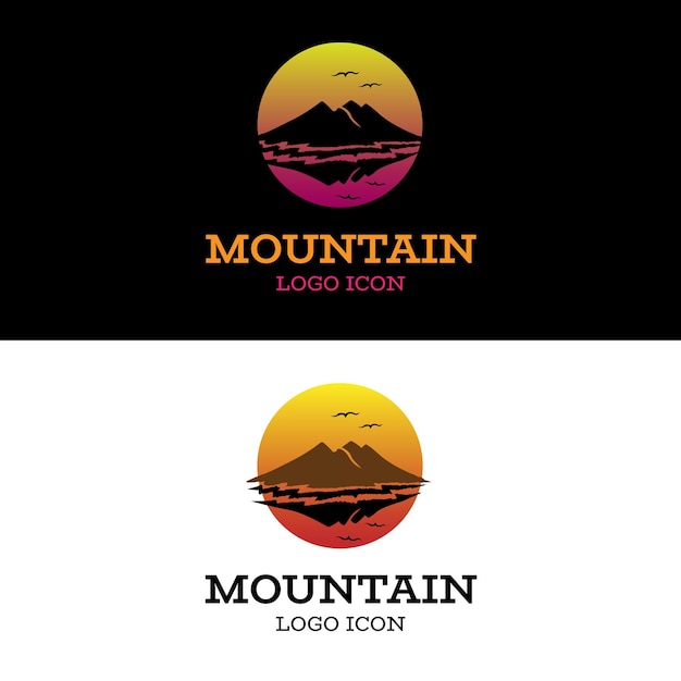 水のロゴデザインに鳥とオレンジ色の太陽の背景を持つ山の風景のシルエット