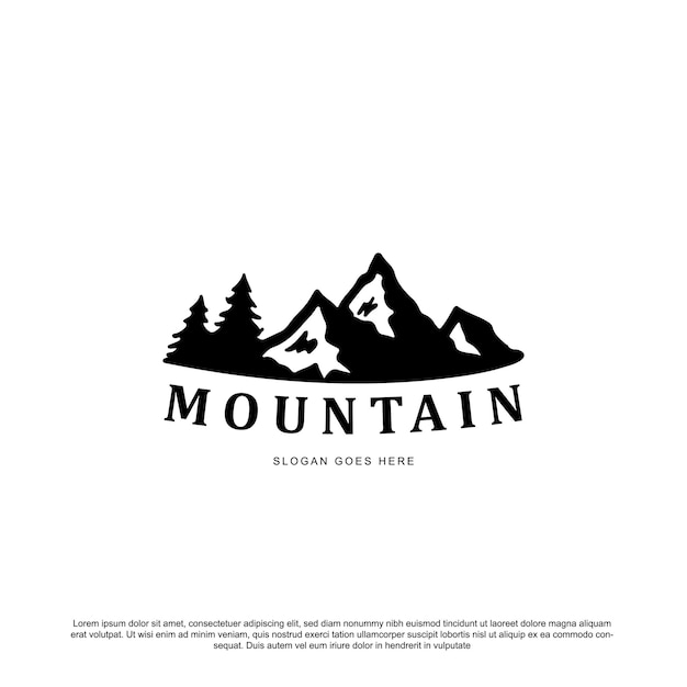 Design del logo della montagna silhouette vettore di montagna e pino