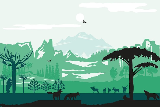 Vector silhouette mountains animals trees nature