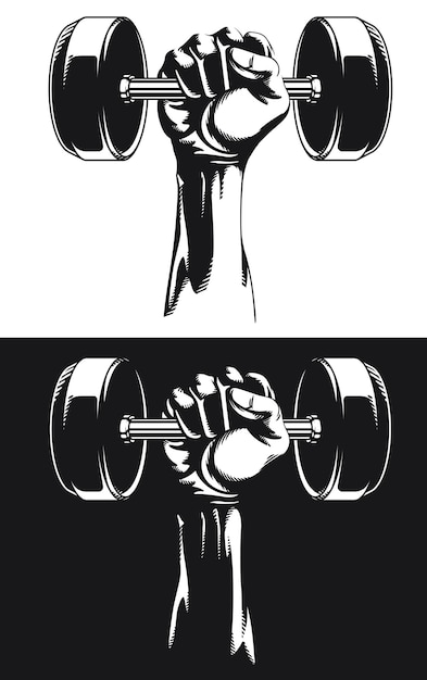 Vector silhouette muscular hand gym round dumbbells