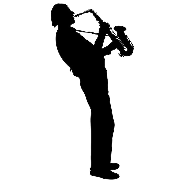 Vector silhouette of musician playing the saxophone on a white background