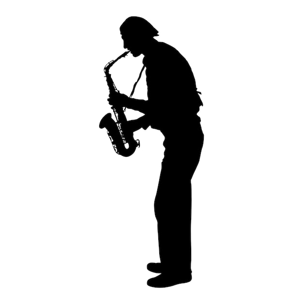 Silhouette of musician playing the saxophone on a white background