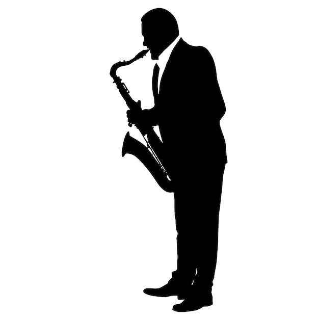 Silhouette of musician playing the saxophone on a white background