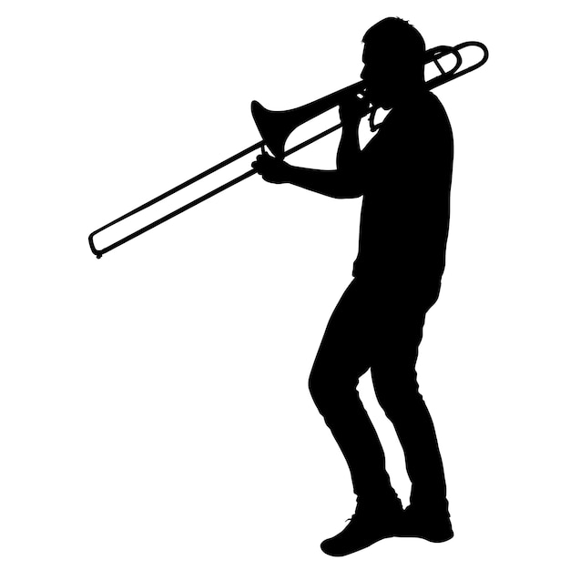 Silhouette of musician playing the trombone on a white background