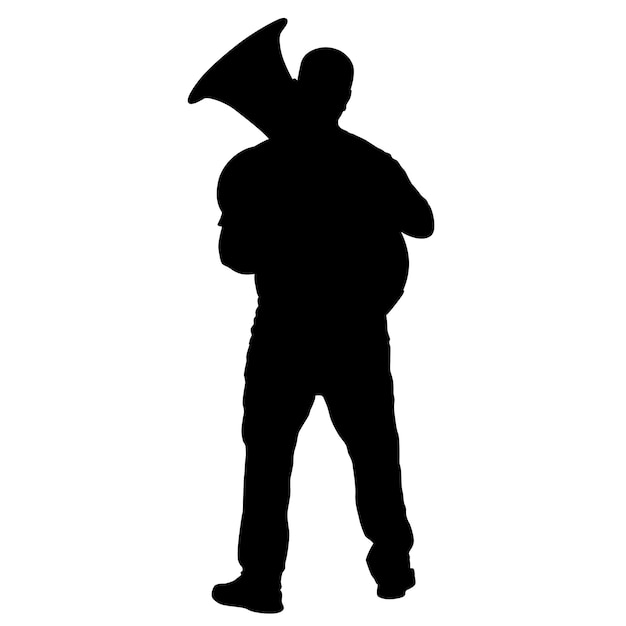 Vector silhouette of musician playing the tuba on a white background