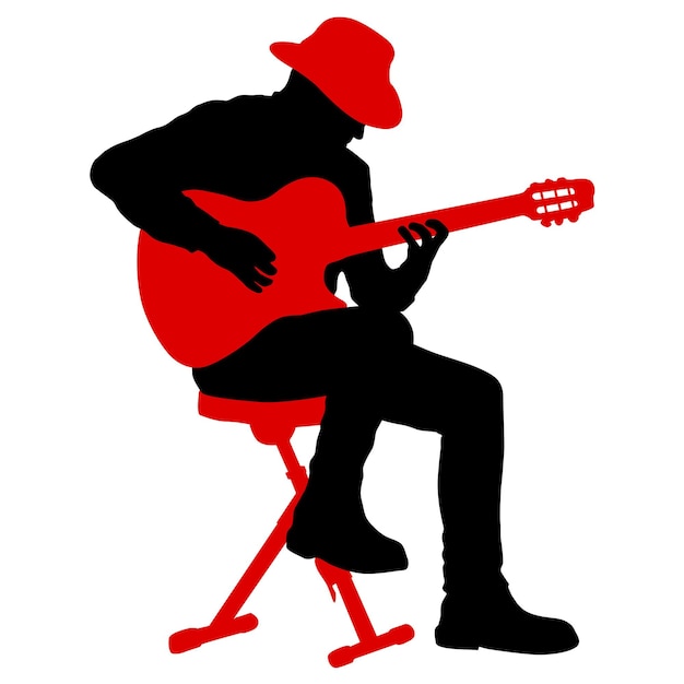 Silhouette musician plays the guitar on a white background