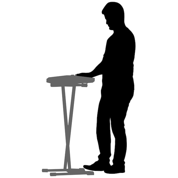 Silhouette musician plays the synthesizer on a white background
