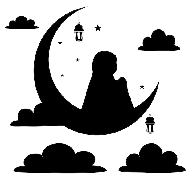 Silhouette of muslim woman praying on crescent moon