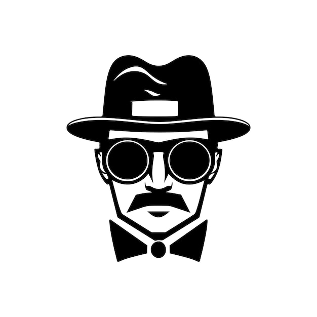 Silhouette of a mysterious man in a hat with a mustache in glasses retro style vector illustration