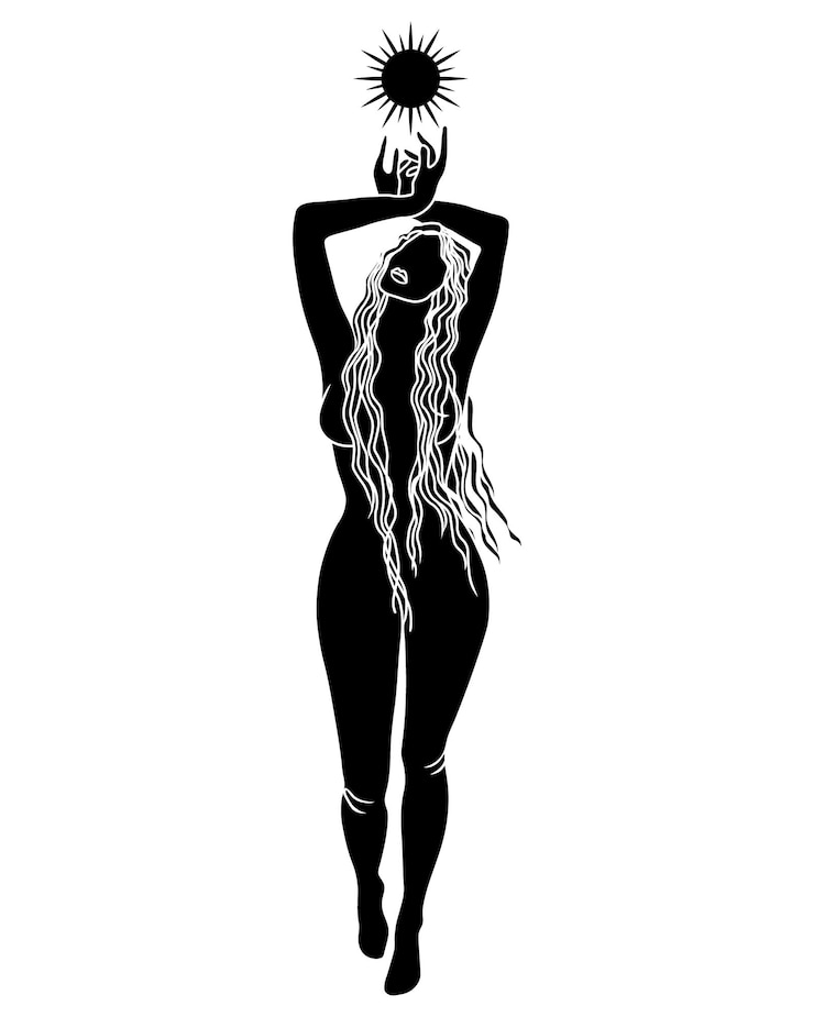 Vector silhouette of a naked woman with a symbol of the sun on a white background, mystical poster.wall art