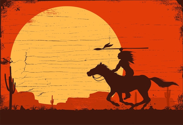 Silhouette of native american indian riding horseback.