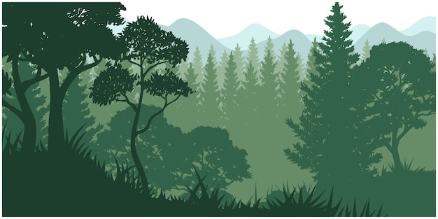 Vector silhouette of nature landscape. mountains, forest in background. blue and green illustration