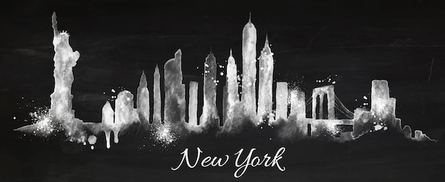 Vector silhouette new york city painted with splashes of chalk drops streaks landmarks drawing with chalk