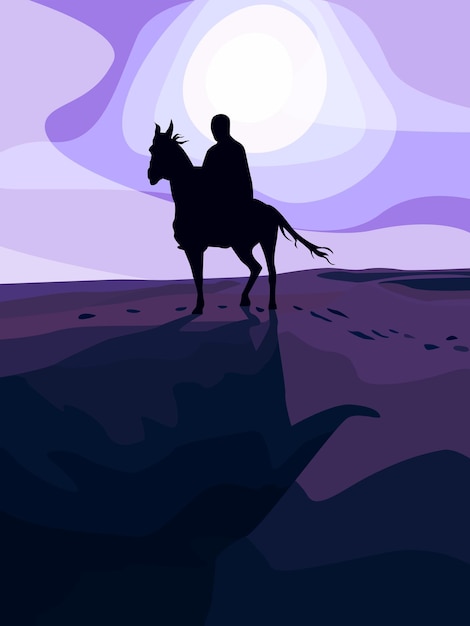 Silhouette of a night rider on a horse in a desert area.