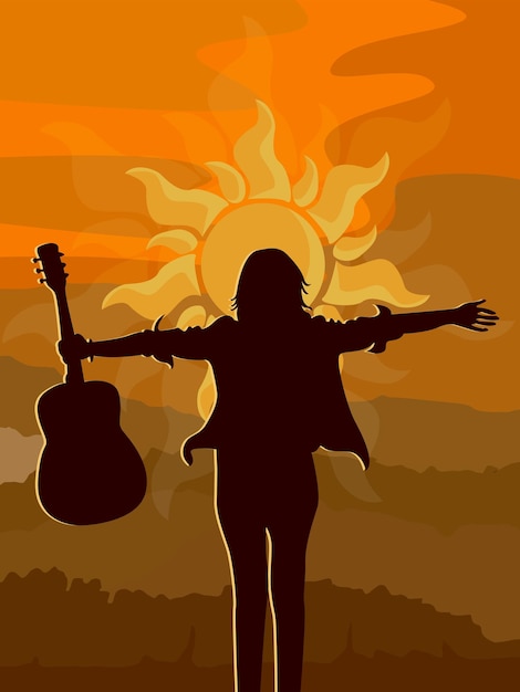 Вектор Силуэт девушки с гитарой на фоне солнца с горным пейзажем.