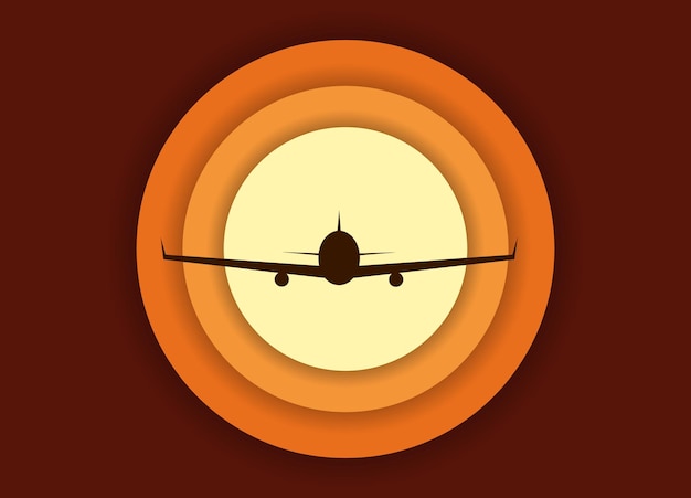 Вектор Силуэт пассажирского самолета на фоне заката. векторная иллюстрация. логотип travel papercut.