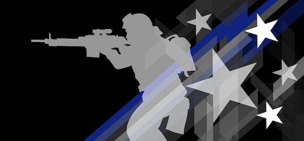 얇은 파란색 선이 있는 양식화된 미국 국기의 배경에 있는 군인의 실루엣