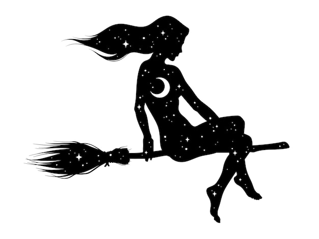 三日月と分離されたプロファイルの手描きのベクトル図の星とほうきに乗った美しい魔女の女の子のシルエット