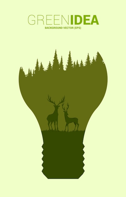 큰 사슴과 전구에 나무의 실루엣. 녹색 아이디어에 대한 배경 및 환경을 저장합니다.