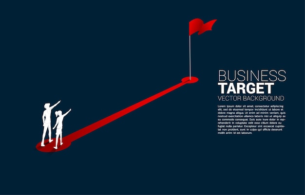 벡터 사업가와 사업가의 실루엣은 목표에서 붉은 깃발로 향하는 경로 경로에서 손가락을 가리킵니다. 경력과 비즈니스를 성공으로 시작할 준비가 된 사람들의 개념