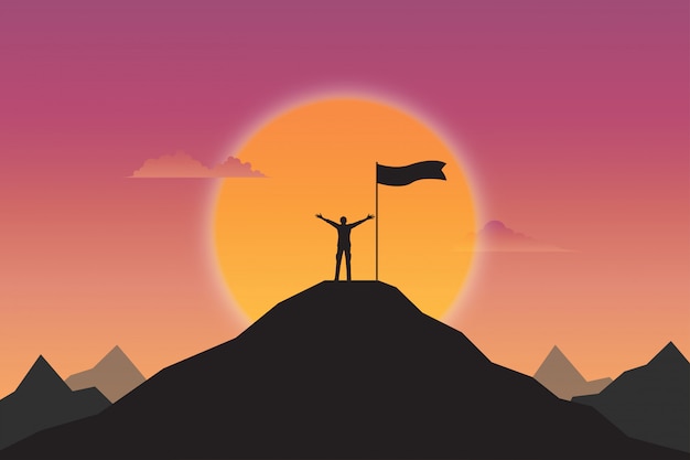 Вектор Силуэт бизнесмена и флаг на вершине горы