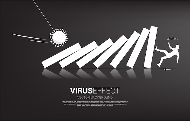 Силуэт бизнесмена падая вниз эффектом домино от вируса короны. концепция экономического кризиса от вирусной вспышки.