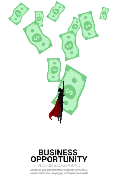 Силуэт бизнесмена, летящего с падением денег сверху. концепция успеха инвестиций и роста в бизнесе