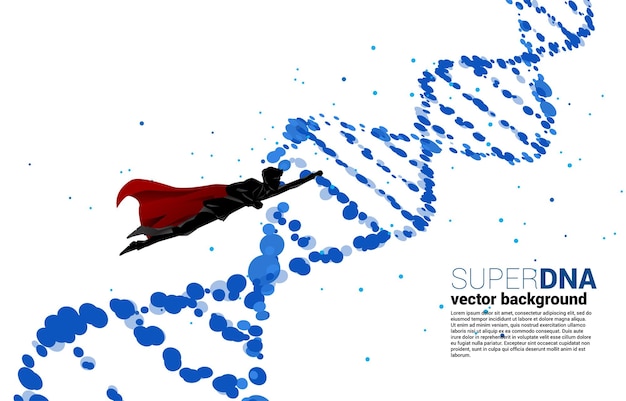 Силуэт бизнесмена в супергерое, летящего с генетической структурой днк из точечной случайной концепции фона для биотехнологии и биологии супербизнесмена