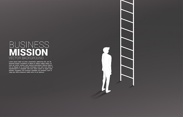 Силуэт бизнесмена готов идти вверх с лестницы. концепция видения миссии и цели бизнеса