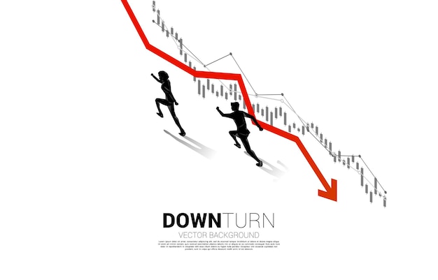 下降グラフで反対方向に走っているビジネスマンのシルエット。失敗と偶発的なビジネスの概念