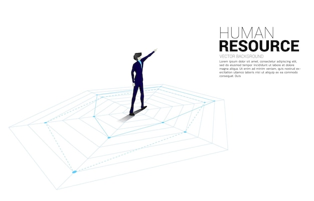 거미 차트에 서서 앞으로 나아가는 사업가의 실루엣 완벽한 채용의 개념 인적 자원은 올바른 사람을 올바른 직업에 배치합니다