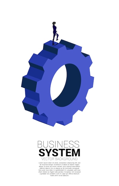 ビジネス管理と制御の大きな歯車の概念の上を歩くビジネスマンのシルエット