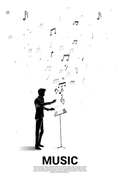 飛んでいる音符で立っている指揮者のシルエット。オーケストラコンサートとレクリエーションのコンセプトの背景。