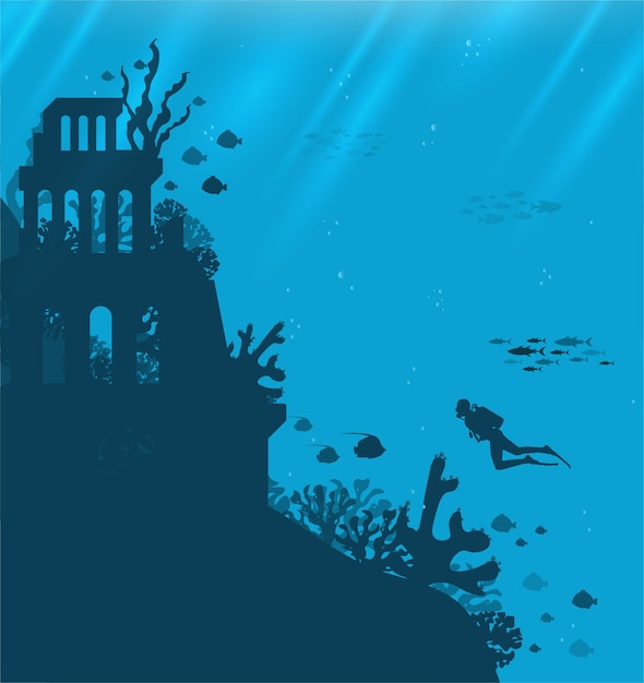 푸른 바다 배경에 물고기와 스쿠버 다이버가 있는 산호초의 실루엣